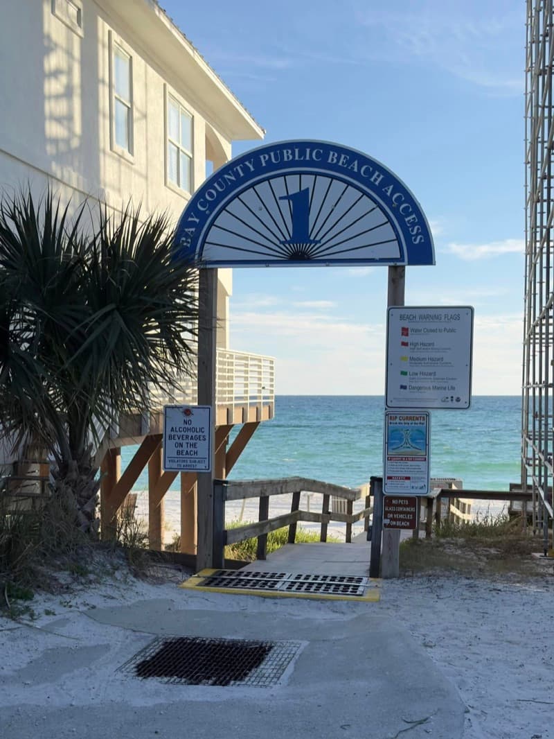 Bay County Public Beach Access #1 sign and boardwalk