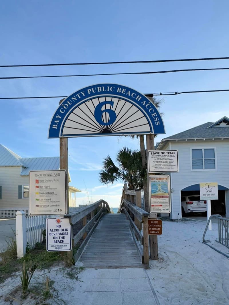 Bay County Public Beach Access #6 sign and boardwalk