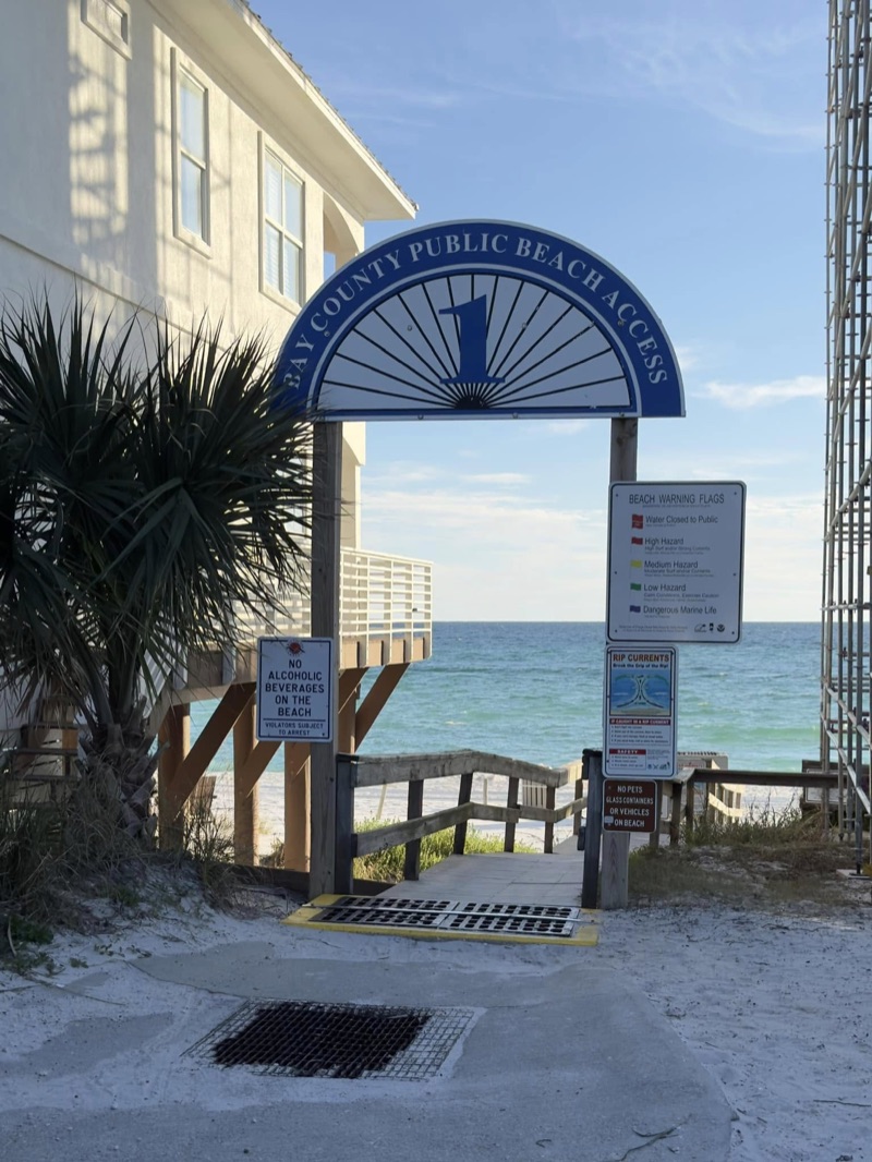 Bay County Public Beach Access #1 sign and boardwalk